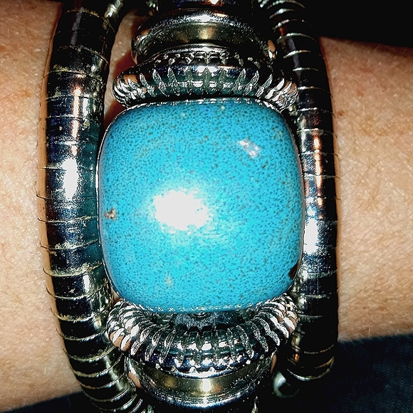 Vintage Bohemian Blue Cubed Big Silver Coil Wrap Around Dangle Bangle Bracelet - Picture 5 of 12